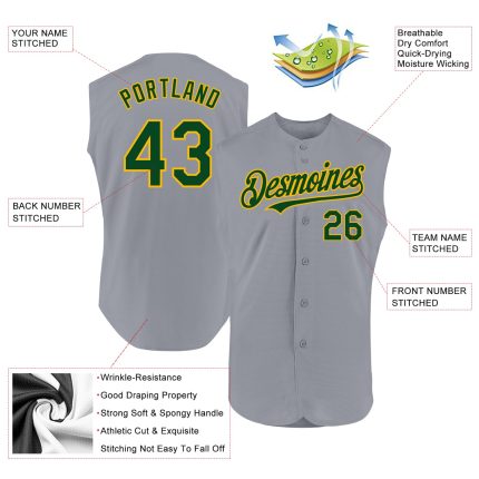 Personalized Gray Green-Gold Authentic Baseball Jersey - Sleeveless Design Personalized Gray Green-Gold Authentic Sleeveless