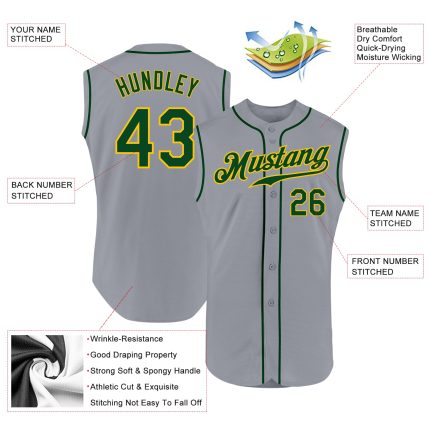 Custom Personalized Gray Green-Gold Authentic Sleeveless Baseball Jersey with Name and Number Personalized Gray Green-Gold