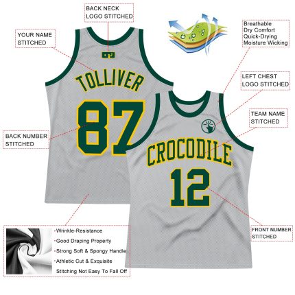 Custom Gray Green-Gold Basketball Jersey with Personalized Name & Number - Authentic Throwback Style Personalized Gray Green-Gold