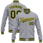 Personalized Gray Green Gold Bomber Jacket for Men Women Full-Snap Varsity Letterman Personalized Gray Green-Gold Bomber