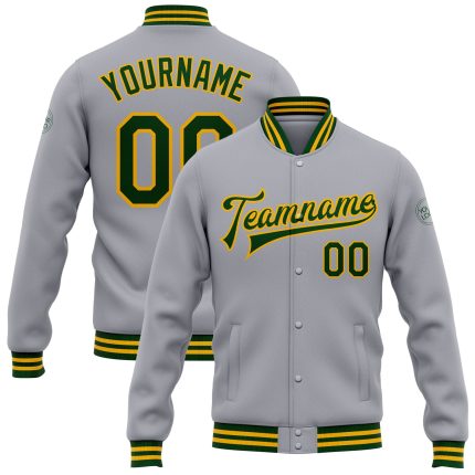 Personalized Gray Green Gold Bomber Jacket for Men Women Full-Snap Varsity Letterman Personalized Gray Green-Gold Bomber