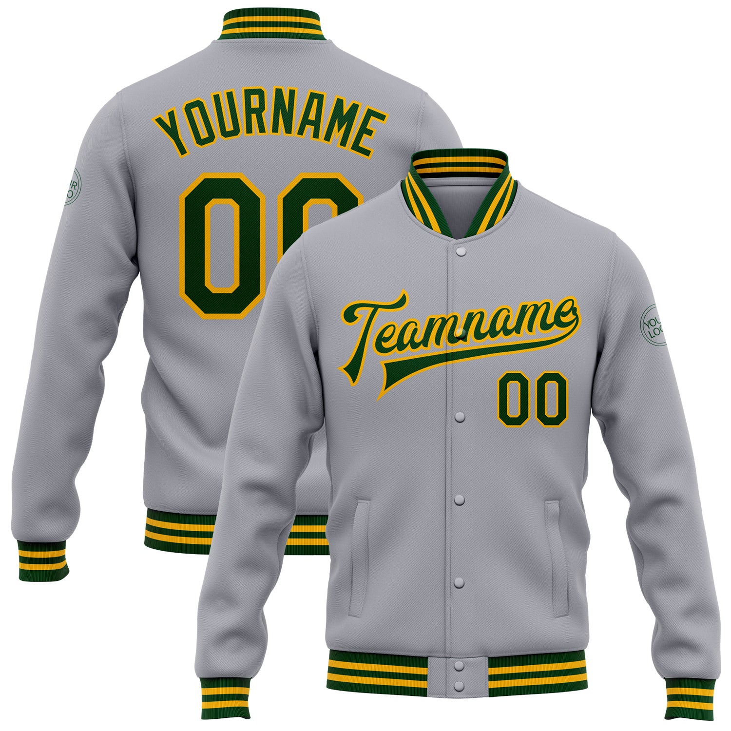 Personalized Gray Green Gold Bomber Jacket for Men Women Full-Snap Varsity Letterman Personalized Gray Green-Gold Bomber
