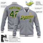 Custom Name and Number Gray Green-Gold Full-Snap Varsity Bomber Jacket - Personalized Letterman Style Personalized Gray Green-Gold