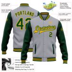 Customizable Gray Green-Gold Two Tone Bomber Jacket with Name and Number - Varsity Full-Snap Letterman Style Personalized