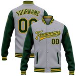 Customizable Gray Green-Gold Two Tone Bomber Jacket with Name and Number - Varsity Full-Snap Letterman Style Personalized