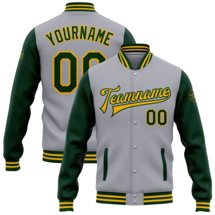 Customizable Gray Green-Gold Two Tone Bomber Jacket with Name and Number - Varsity Full-Snap Letterman Style Personalized