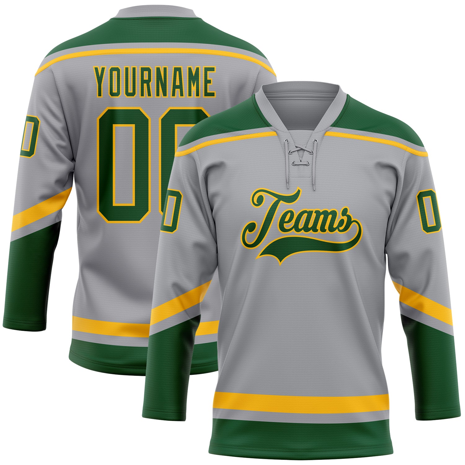 Custom Name Number Hockey Jersey Gray Green Gold Lace Neck Personalized Team Personalized Gray Green-Gold Hockey Lace Neck
