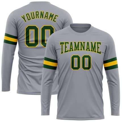 Custom Team Name Number Performance T-Shirt Gray Green Gold Long Sleeve Personalized Personalized Gray Green-Gold Long Sleeve