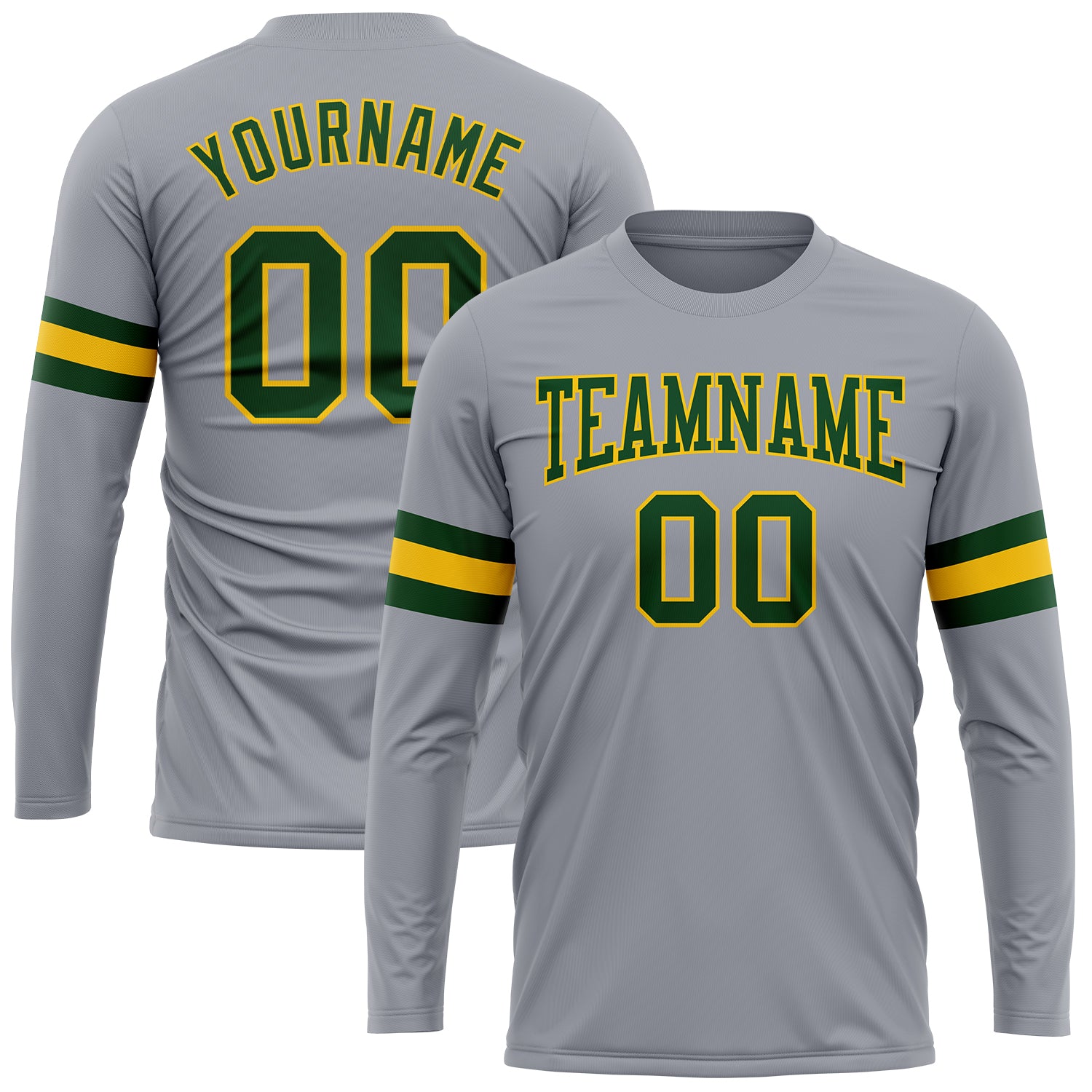 Custom Team Name Number Performance T-Shirt Gray Green Gold Long Sleeve Personalized Personalized Gray Green-Gold Long Sleeve
