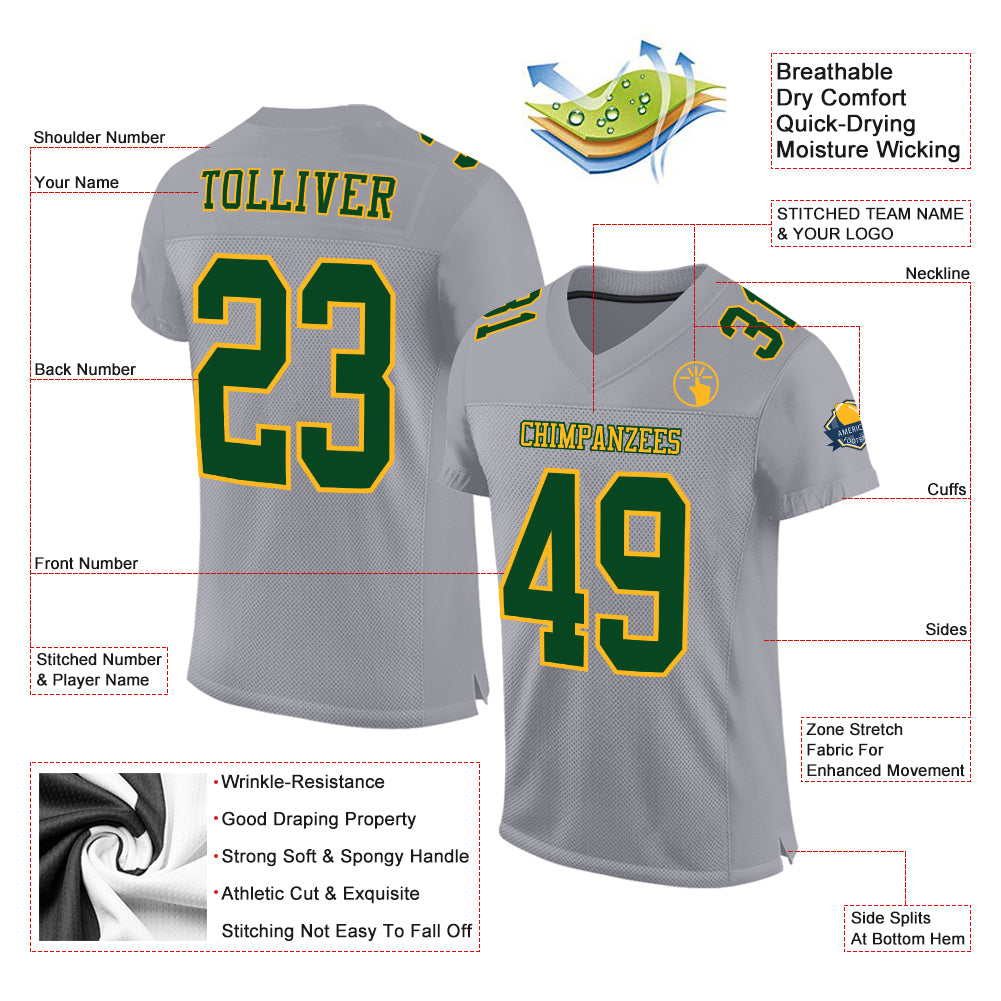 Personalized Gray Green-Gold Mesh Authentic Football Jersey Team Custom Name and Number Custom Team Football Jersey - Personalized Gray Green-Gold Mesh with Name and Number Personalized Gray Green-Gold Mesh Authentic - Image 2