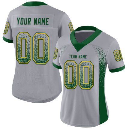 Custom Name Number Gray Green-Gold Mesh Drift Football Jersey Personalized Team Apparel Personalized Gray Green-Gold Mesh