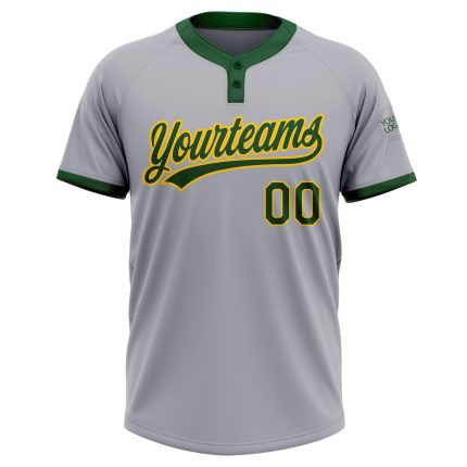 Custom Gray Green-Gold Unisex Softball Jersey with Personalized Name and Number - Two-Button Design Personalized Gray Green-Gold