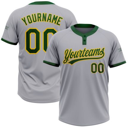 Custom Gray Green-Gold Unisex Softball Jersey with Personalized Name and Number - Two-Button Design Personalized Gray Green-Gold