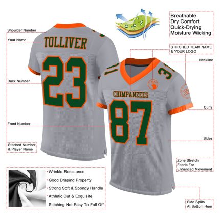 Custom Authentic Football Jersey - Personalized Gray Green-Orange Mesh with Name & Number Personalized Gray Green-Orange