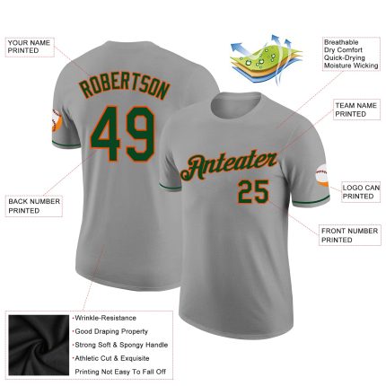 Custom Team Performance T-Shirt with Name and Number - Personalized Gray Green-Orange Color Personalized Gray Green-Orange