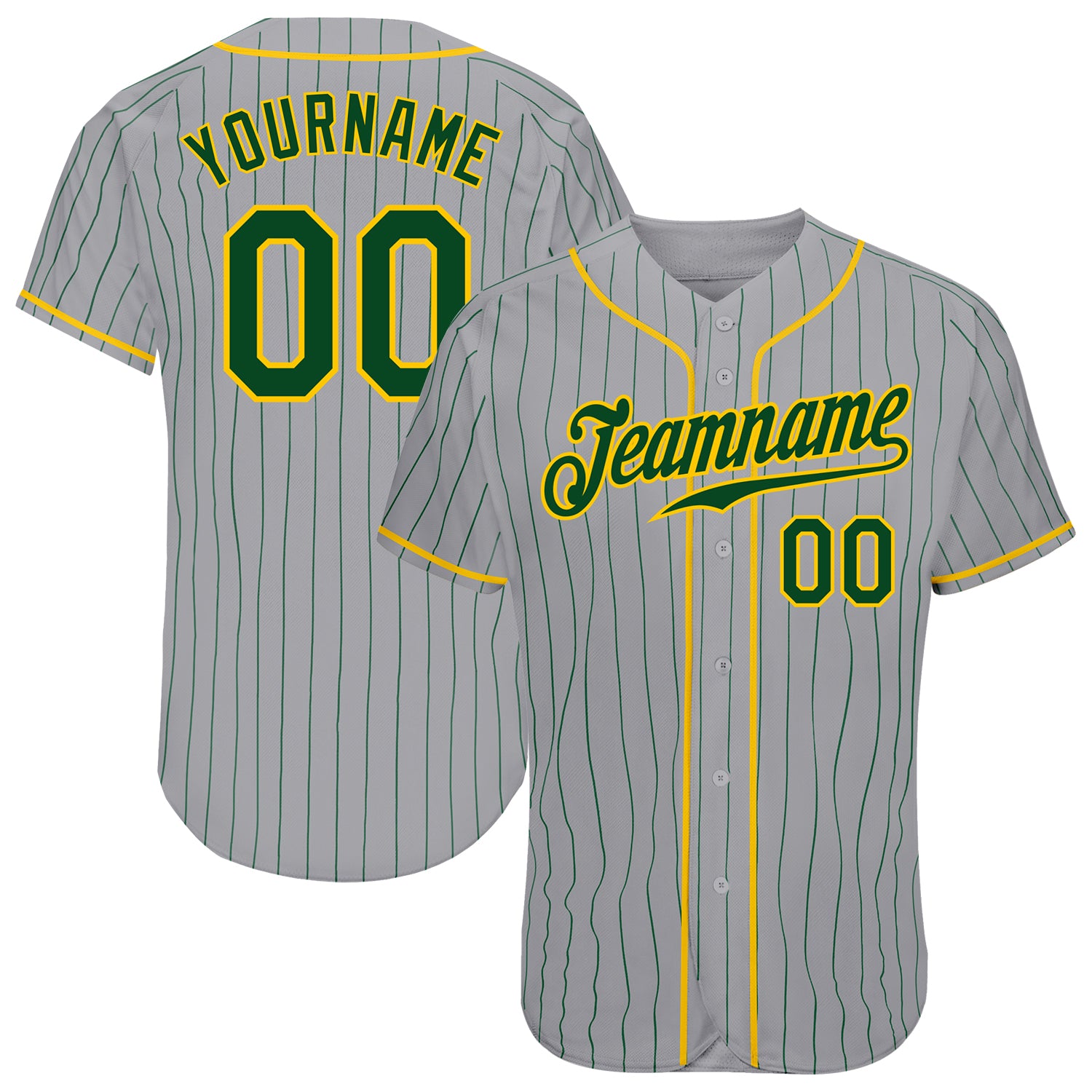 Personalized Green Gold Pinstripe Baseball Jersey Custom Name Number - Authentic Team Apparel Personalized Gray Green Pinstripe