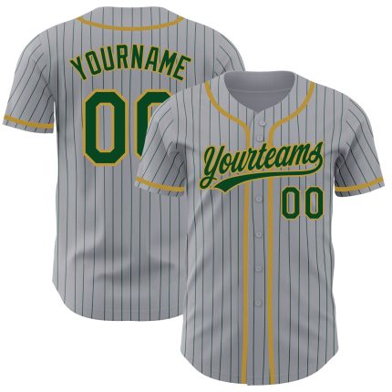 Custom Name and Number Authentic Baseball Jersey in Gray Green Pinstripe with Old Gold - Personalized Team Jersey Personalized
