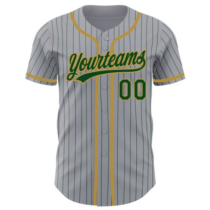 Custom Name and Number Authentic Baseball Jersey in Gray Green Pinstripe with Old Gold - Personalized Team Jersey Personalized