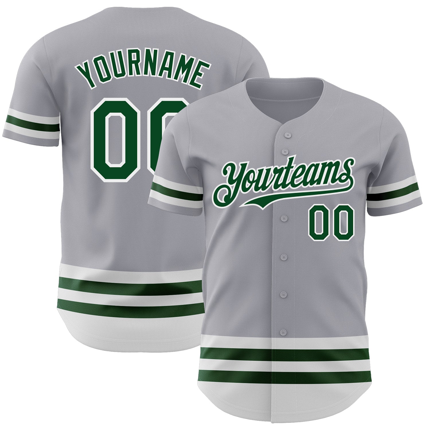 Custom Name and Number Authentic Baseball Jersey - Personalized Gray Green-White Line Design Personalized Gray Green-White