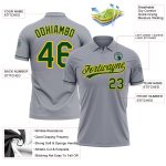 Custom Personalized Performance Vapor Golf Polo Shirt in Gray Green-Yellow - Team Name and Number Personalized Gray Green-Yellow