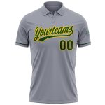 Custom Personalized Performance Vapor Golf Polo Shirt in Gray Green-Yellow - Team Name and Number Personalized Gray Green-Yellow