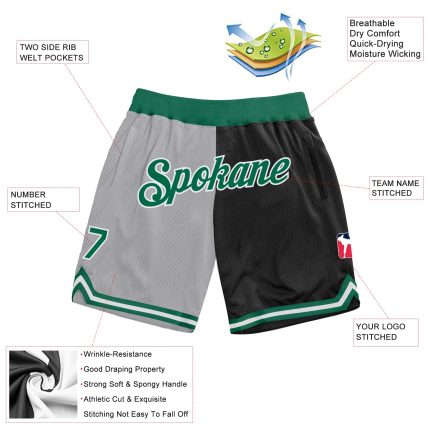 Custom Name Number Gray Kelly Green Black Basketball Shorts Authentic Throwback Fashion Team Split Design Personalized Gray