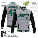 Custom Name and Number Varsity Letterman Jacket Gray Kelly Green-Black Two Tone Full-Snap Bomber Personalized Gray Kelly