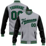 Custom Name and Number Varsity Letterman Jacket Gray Kelly Green-Black Two Tone Full-Snap Bomber Personalized Gray Kelly