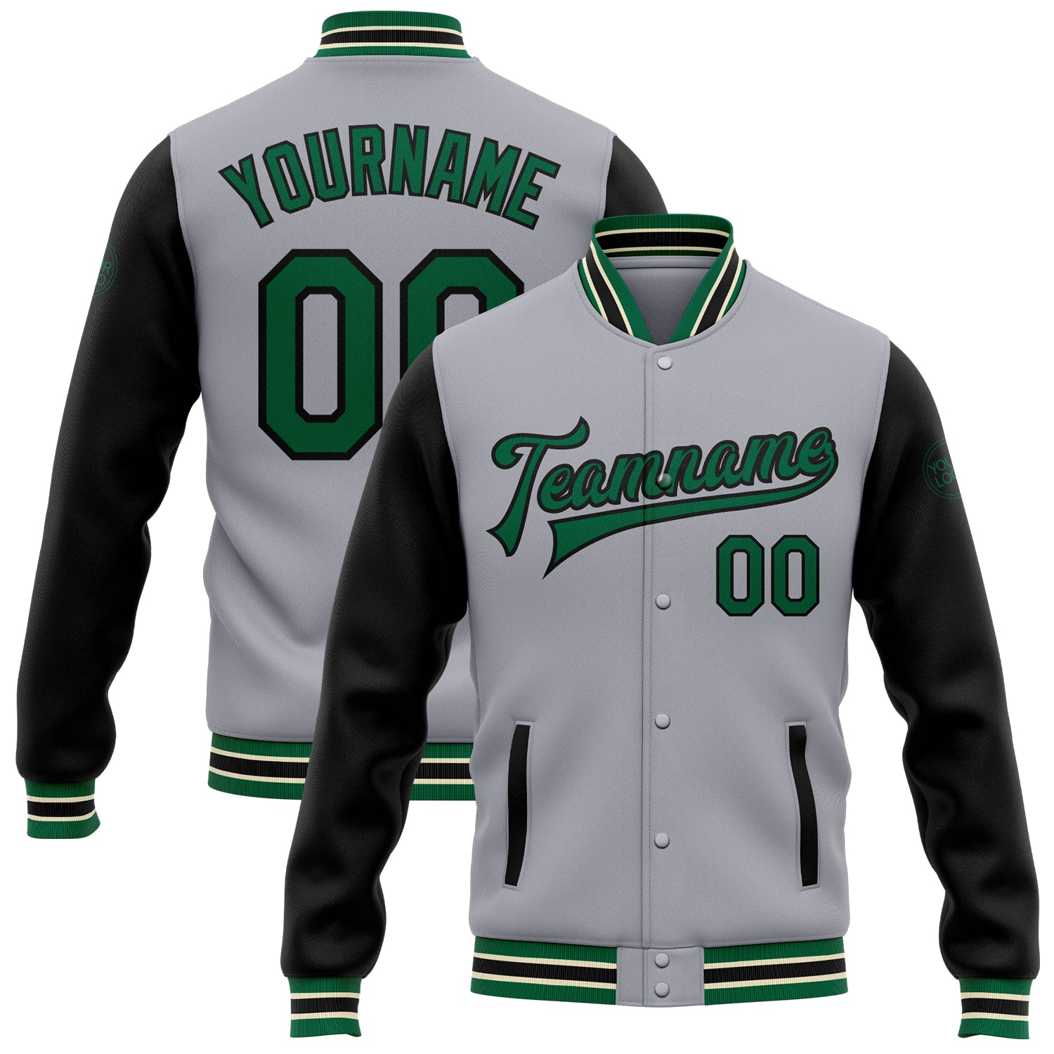 Custom Name and Number Varsity Letterman Jacket Gray Kelly Green-Black Two Tone Full-Snap Bomber Personalized Gray Kelly