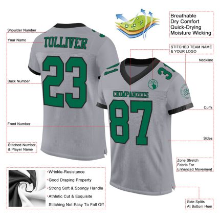 Custom Name and Number Authentic Football Jersey - Personalized Gray Kelly Green-Black Mesh Design Personalized Gray Kelly