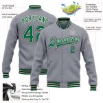Custom Varsity Letterman Jacket with Team Name & Number - Personalized Gray Kelly Green Cream-Black Bomber Full-Snap Design