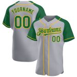 Custom Name and Number Personalized Gray and Kelly Green Gold Baseball Jersey Authentic Raglan Sleeves Personalized Gray