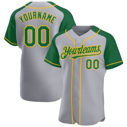 Custom Name and Number Personalized Gray and Kelly Green Gold Baseball Jersey Authentic Raglan Sleeves Personalized Gray
