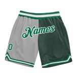 Custom Basketball Shorts with Personalized Name and Number, Gray Kelly Green and Hunter Green Authentic Throwback Split Design
