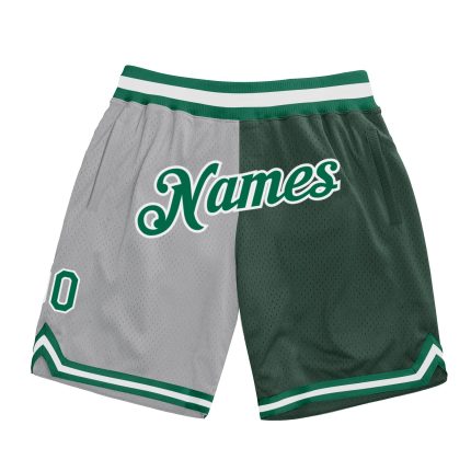 Custom Basketball Shorts with Personalized Name and Number, Gray Kelly Green and Hunter Green Authentic Throwback Split Design