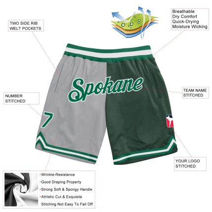 Custom Basketball Shorts with Personalized Name and Number, Gray Kelly Green and Hunter Green Authentic Throwback Split Design