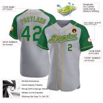 Custom Baseball Jersey for Team - Personalized Gray Kelly Green-Old Gold Raglan Sleeves with Name and Number Personalized