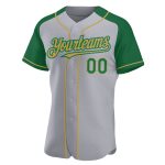 Custom Baseball Jersey for Team - Personalized Gray Kelly Green-Old Gold Raglan Sleeves with Name and Number Personalized