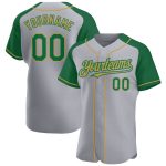 Custom Baseball Jersey for Team - Personalized Gray Kelly Green-Old Gold Raglan Sleeves with Name and Number Personalized