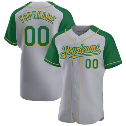 Custom Baseball Jersey for Team - Personalized Gray Kelly Green-Old Gold Raglan Sleeves with Name and Number Personalized