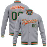 Custom Name Number Varsity Letterman Jacket - Personalized Gray Kelly Green Orange Bomber Full-Snap Personalized Gray Kelly