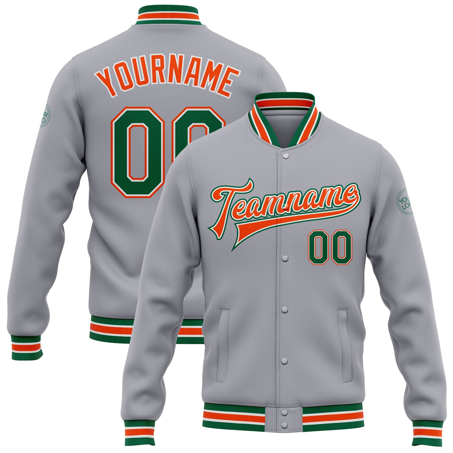 Custom Name Number Varsity Letterman Jacket - Personalized Gray Kelly Green Orange Bomber Full-Snap Personalized Gray Kelly