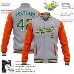Custom Team Name and Number Two Tone Bomber Varsity Jacket Gray Kelly Green-Orange Full-Snap Letterman Personalized Gray