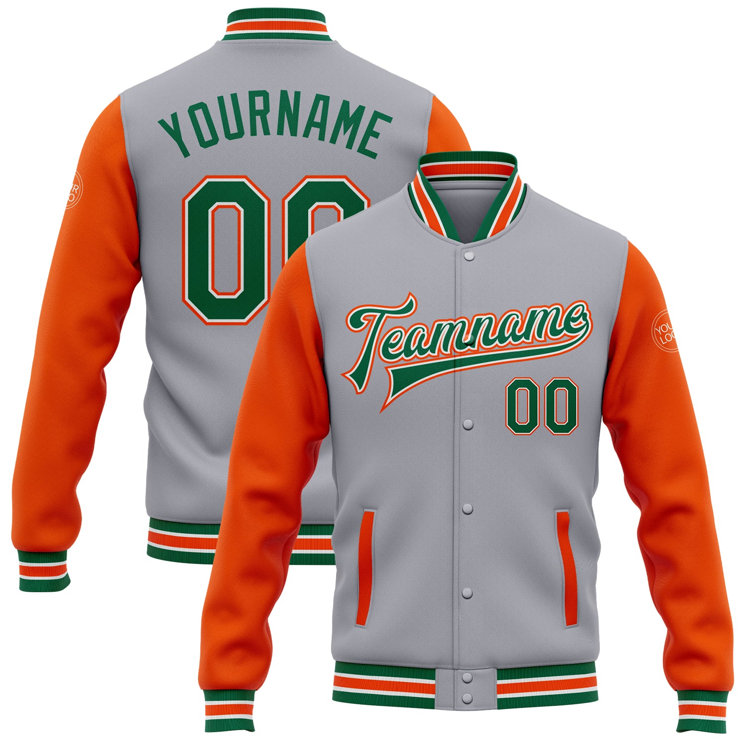 Custom Team Name and Number Two Tone Bomber Varsity Jacket Gray Kelly Green-Orange Full-Snap Letterman Personalized Gray