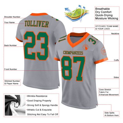 Custom Name and Number Football Jersey - Personalized Authentic Gray Kelly Green-Orange Mesh Team Apparel Personalized Gray
