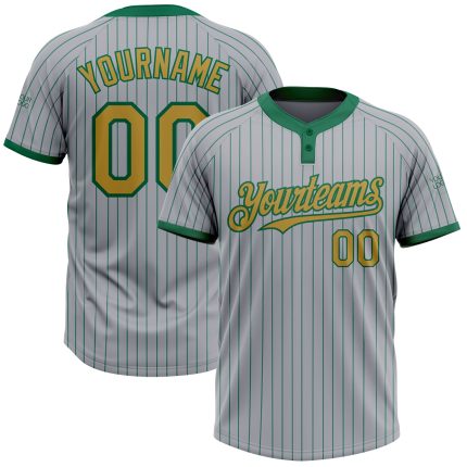 Custom Name and Number Unisex Softball Jersey Gray Kelly Green Old Gold Two-Button Pinstripe Personalized Gray Kelly Green