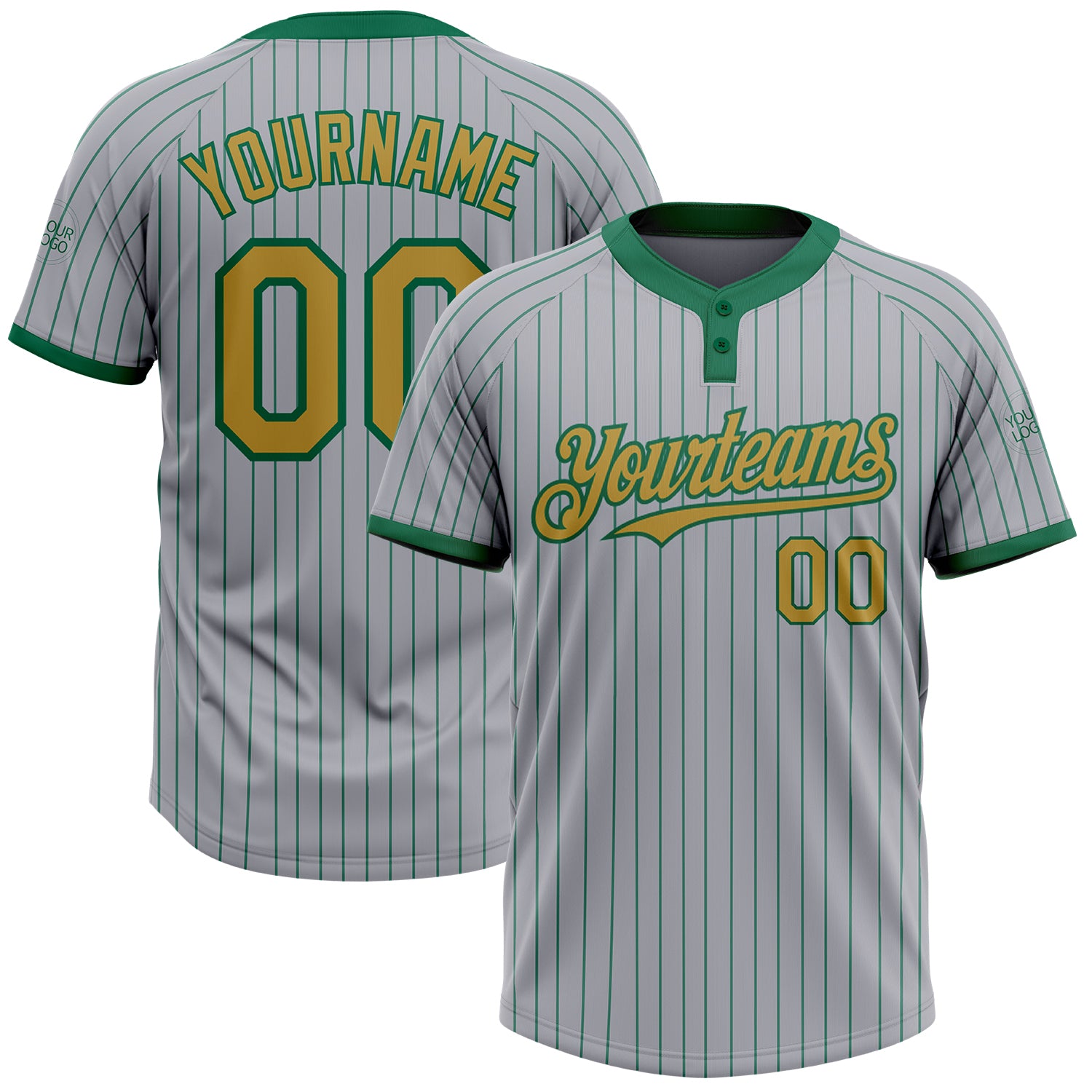 Custom Name and Number Unisex Softball Jersey Gray Kelly Green Old Gold Two-Button Pinstripe Personalized Gray Kelly Green