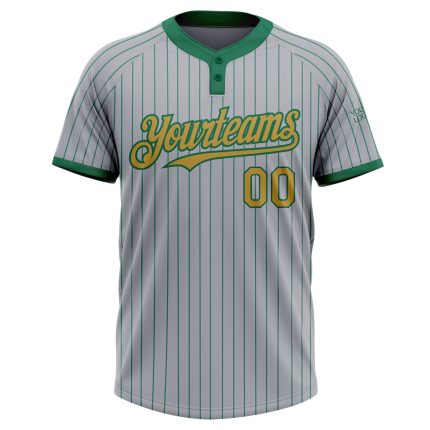 Custom Name and Number Unisex Softball Jersey Gray Kelly Green Old Gold Two-Button Pinstripe Personalized Gray Kelly Green