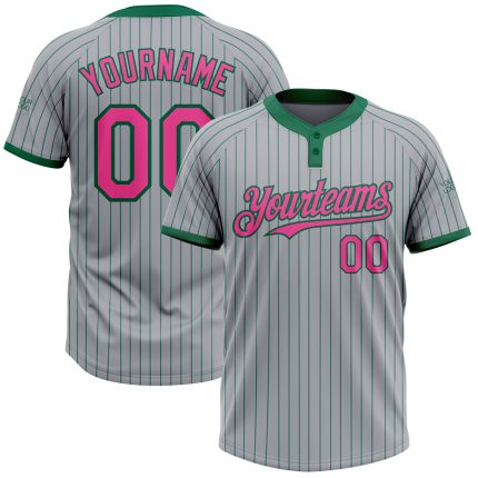 Custom Name and Number Unisex Softball Jersey - Personalized Gray Kelly Green Pinstripe Two-Button Design Personalized Gray