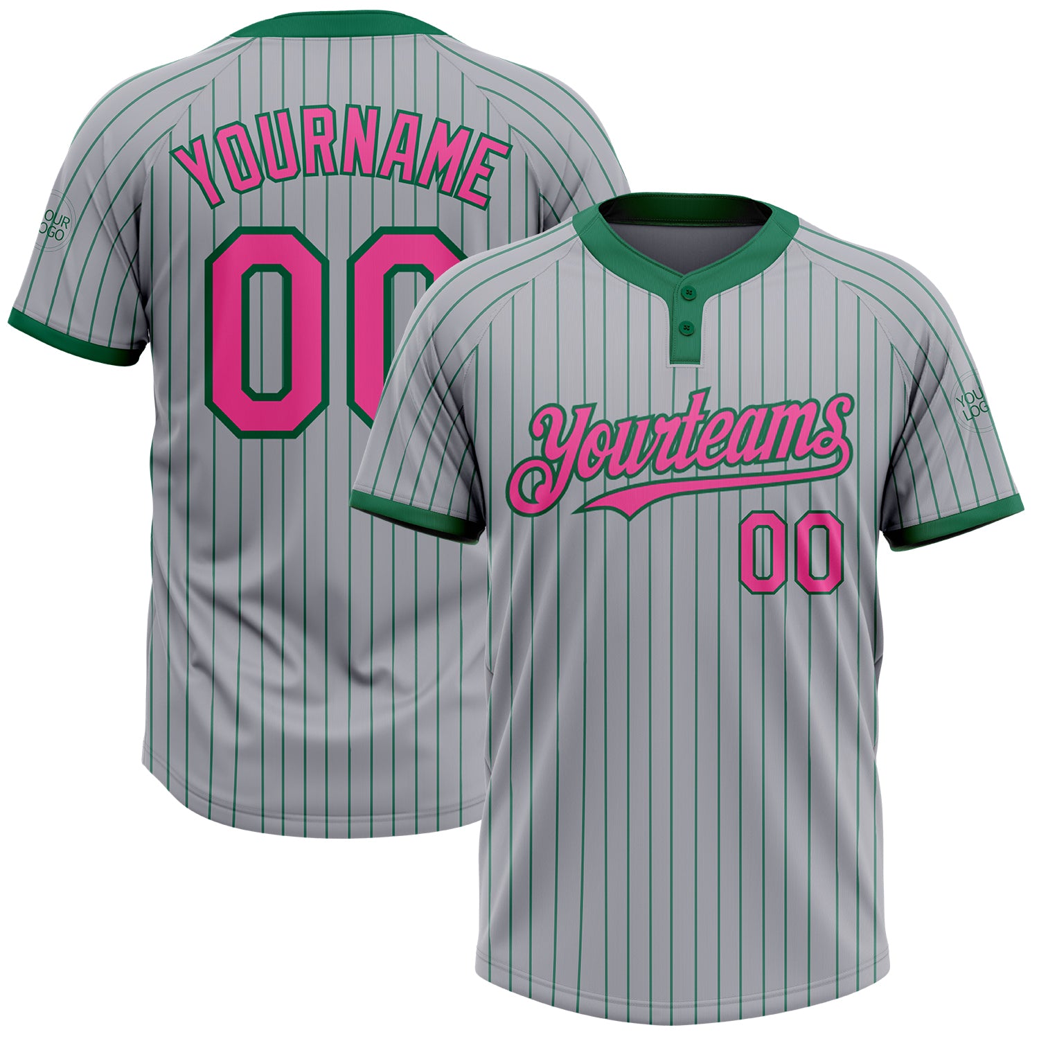 Custom Name and Number Unisex Softball Jersey - Personalized Gray Kelly Green Pinstripe Two-Button Design Personalized Gray